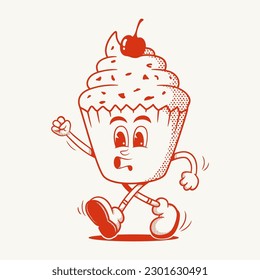 Cup Cake Character, Retro Mascot Character, cute cake illustration