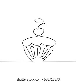 Cup cake with cherry. Continuous line drawing design vector.