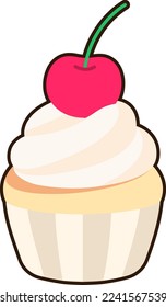 Cup cake with cherry and cream topping Dessert Icon Element illustration Flat Sticker Black Style