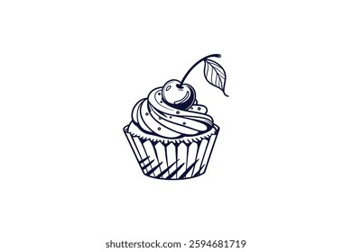 cup cake with cherry on top line art vector illustration