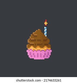 cup cake with chocolate cream and candle in pixel art style