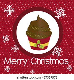 cup cake christmas with snowflakes over red background. vector