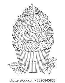 Cup Cake coloring page. Birthday Cup cake coloring page for kids and adults. mid content coloring page for amazon KDP. Coloring page of cup cake.