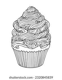 Cup Cake coloring page. Birthday Cup cake coloring page for kids and adults. mid content coloring page for amazon KDP. Coloring page of cup cake.