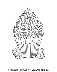 Cup Cake coloring page. Birthday Cup cake coloring page for kids and adults. mid content coloring page for amazon KDP. Coloring page of cup cake.