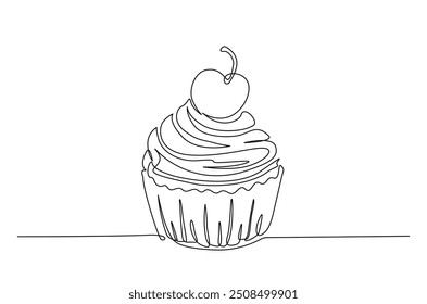 Bolo de xícara desenho contínuo de uma linha. Muffin ilustração de arte de linha única. Vetor editável.