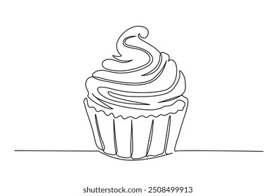 Bolo de xícara desenho contínuo de uma linha. Muffin ilustração de arte de linha única. Vetor editável.