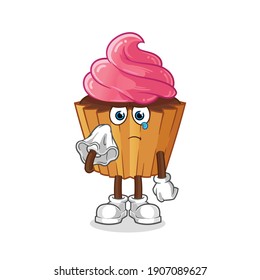 cup cake cry with a tissue  character. cartoon mascot vector