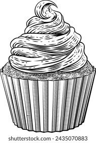 A cup cake or cupcake muffin with cream frosting in a vintage woodcut style
