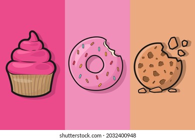 Cup Cake, donut and cookies illustration pack sticker Graphics, Pastry Sticker, Donnut Clipart, brownies Graphics, baked Illustration, sweet pastry collection set