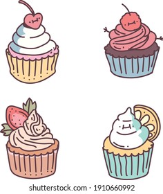 Cup Cake Doodle Style . Vector Icon Set . Illustration