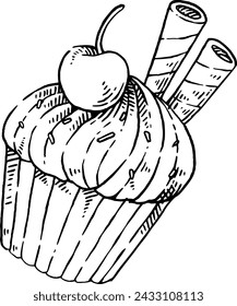 Cup cake hand drawn illustration with line art style.