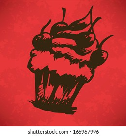 Cup Cake Hand drawn outline artwork on red grunge background, Vector Eps10