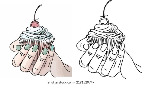 Cup Cake In Hand Line Art Vector Silhouette, Cupcake Sketch Drawing, Cupcake In Hand Clip Art