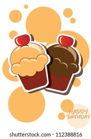 Cup cake happy birthday card with bubbles, vector