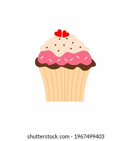 Cup cake icon illustration. Sweets chocolate and strawberry cupcake with heart isolated on white background. Stylish modern pastry baking background. Flat cartoon vector for menu restaurant or logo