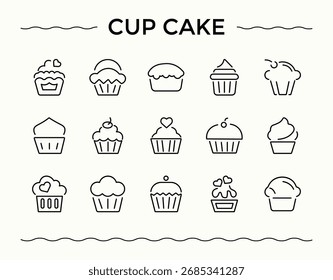 Cup Cake icon set. Contains such icons as bakery, bake, pastry, confectionery, food, cupbirthday and more. Trendy minimal icons. Vector illustration. Birthday vector line icon set.