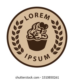 cup cake inside laurel leaves frame, vector emblem logo template
