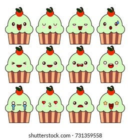 Cup cake kawaii character cartoon cute face. Happy smartphone cartoon character Flat design Vector Illustration EPS