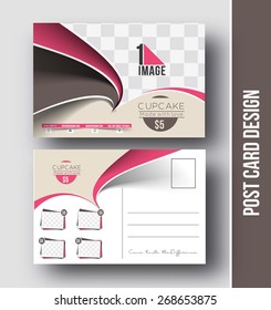 Cup Cake Postcard Design vector template for Opening invitation.