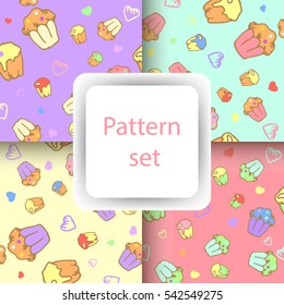 Cup cake seamless pastel pattern set