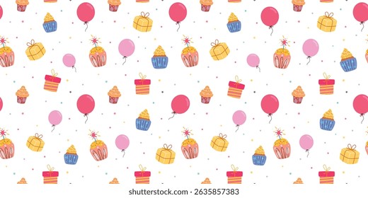 Cup cake seamless pattern clipart design. Birthday seamless and continuous clip art with colorful cupcake, cake, balloons and gift box elements in white wallpaper background vector illustration.

