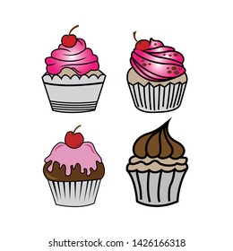 Cup Cake Set Vector. Sliced ​​chocolate cakes, delicious sliced ​​birthday cakes and a vector set of delicious pink glaze cakes