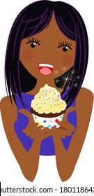 Cup cake with vanilla frosting held by young black woman. Cute clear backed vector illustration for birthday, special occasion or bake sale.