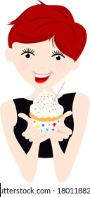 Cup cake with vanilla frosting and sprinkes held by young woman. Cute clear backed vector illustration for birthday, special occasion or bake sale.