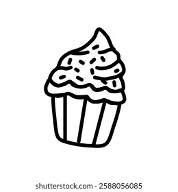 Cup cake with vector line art . Sign and symbol. Clip art, minimalist simple outline. Hand drawing food and drink illustration. Sticker print design