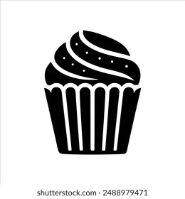 Silueta de Vector de torta de taza sobre fondo blanco. Diseño de Ilustración vectorial de signo de ícono de cupcakes.