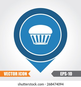 Cup Cake/Muffins Icon On Map Pointer. Eps.-10.