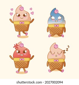 Cup Cakes Cute Character Vector with four poses differently, with a cute style that children like. Suitable for your food business and merchandise related to cupcake