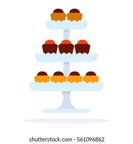 Cup cakes on plate vector flat material design object. Isolated illustration on white background.
