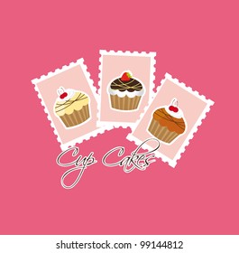 cup cakes over postage over pink background. vector