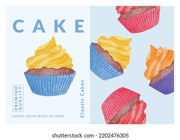 Cup Cakes packaging design templates, watercolour style vector illustration.