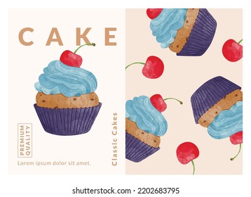 Cup Cakes packaging design templates, watercolour style vector illustration.