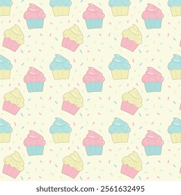 Cup cakes seamless pattern.Repeat pattern with colorful pastel cute cupcake isolated on background.Hand draw birthday element vector graphic illustration background wallpaper.