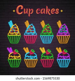 Cup cakes set Neon Light Glowing Vector Illustration. Cup Cake Silhouette Illustration Bright Glowing