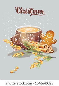 Cup with cappuccino and christmas ornaments. Cinnamon sticks, gingerbread cookie, yellow berries. Snow falling. Holiday vector
