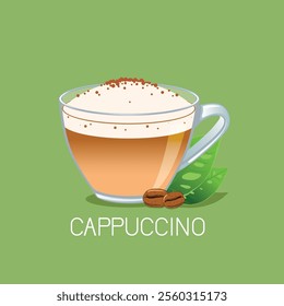 Cup of Cappuccino with coffee beans isolated on green background.