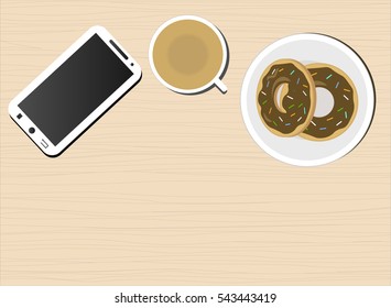 cup of cappuccino coffee, donuts and a telephone on the wooden table