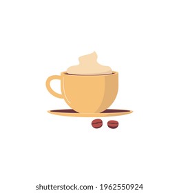 Cup of cappuccino or coffee drink with whipped cream or milk, flat vector illustration isolated on white background. Cartoon icon of coffee beverage in mug.