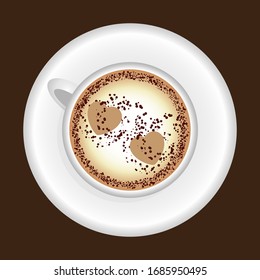 Cup of cappuccino coffee with foam and two hearts on a saucer top view.