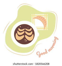 Cup of cappuccino coffee and fresh croissant for breakfast. Set of illustrations in flat cartoon style. Good morning wishes. Vector drawing for social networks, posters, menu design, textiles.