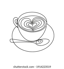 A cup of cappuccino coffee, latte on a saucer with a spoon. Coffee art. Continuous line. Vector illustration in modern trendy line art style, poster, logo, icon for coffee shop, restaurant