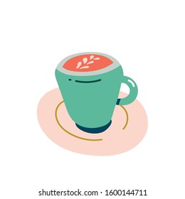 Cup with cappuccino coffee with milk foam, vector clip art, isolated colored illustration of coffee shop drink. 