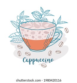 Cup of cappuccino coffee on pastel colorful background with coffee beans and coffee branch composition. Hand drawn poster. Stock vector illustration. 