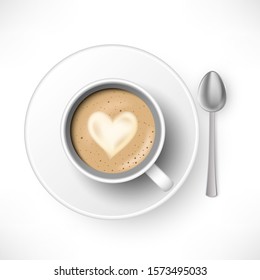 A cup of Cappuccino coffee with spoon and saucer top view. Realistic vector illustration. 3d model whipped drink in white cup with shadow isolated on white background