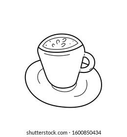 Cup of cappuccino coffee, vector isolated line art, linear illustration of coffee shop latte drink. Trendy outline ink style, good as icon, logo for coffee shop, hand drawn artwork.